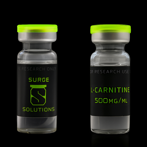 Two vials of L-carnitine 500mg/ml sterile solution showing front and back labels for lab research